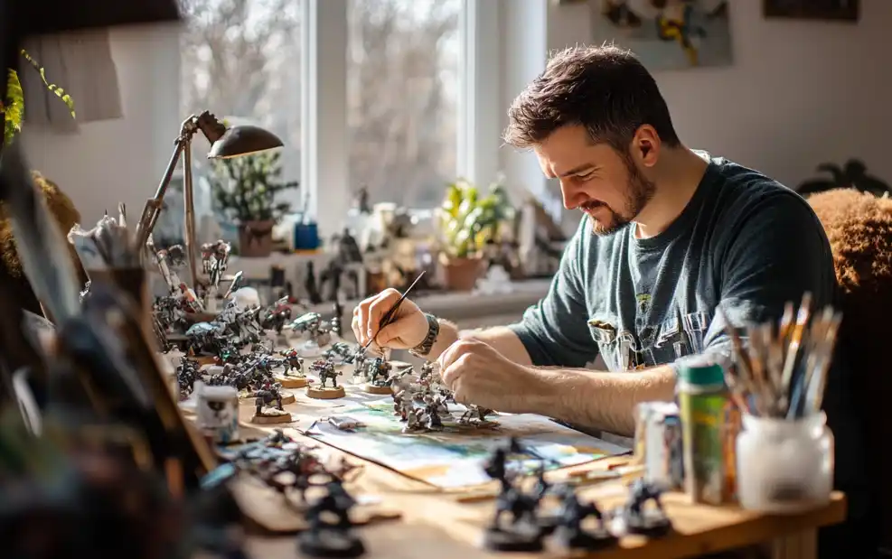 Young man relaxing enjoying painting Warhammer miniature.s